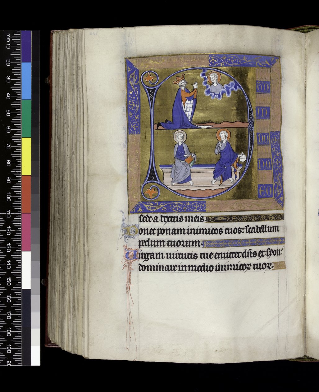 MS 300 f.125v, David rukoilee Jumalaa (yllä); Jumala pallolla ja Kristus kirjaineen penkillä (alla), Isabellan psalteri ja tunnit Ranskasta, Pariisi, n. 1265-1270 (kynä & muste ja tempera pergamentilla) tekijältä French School