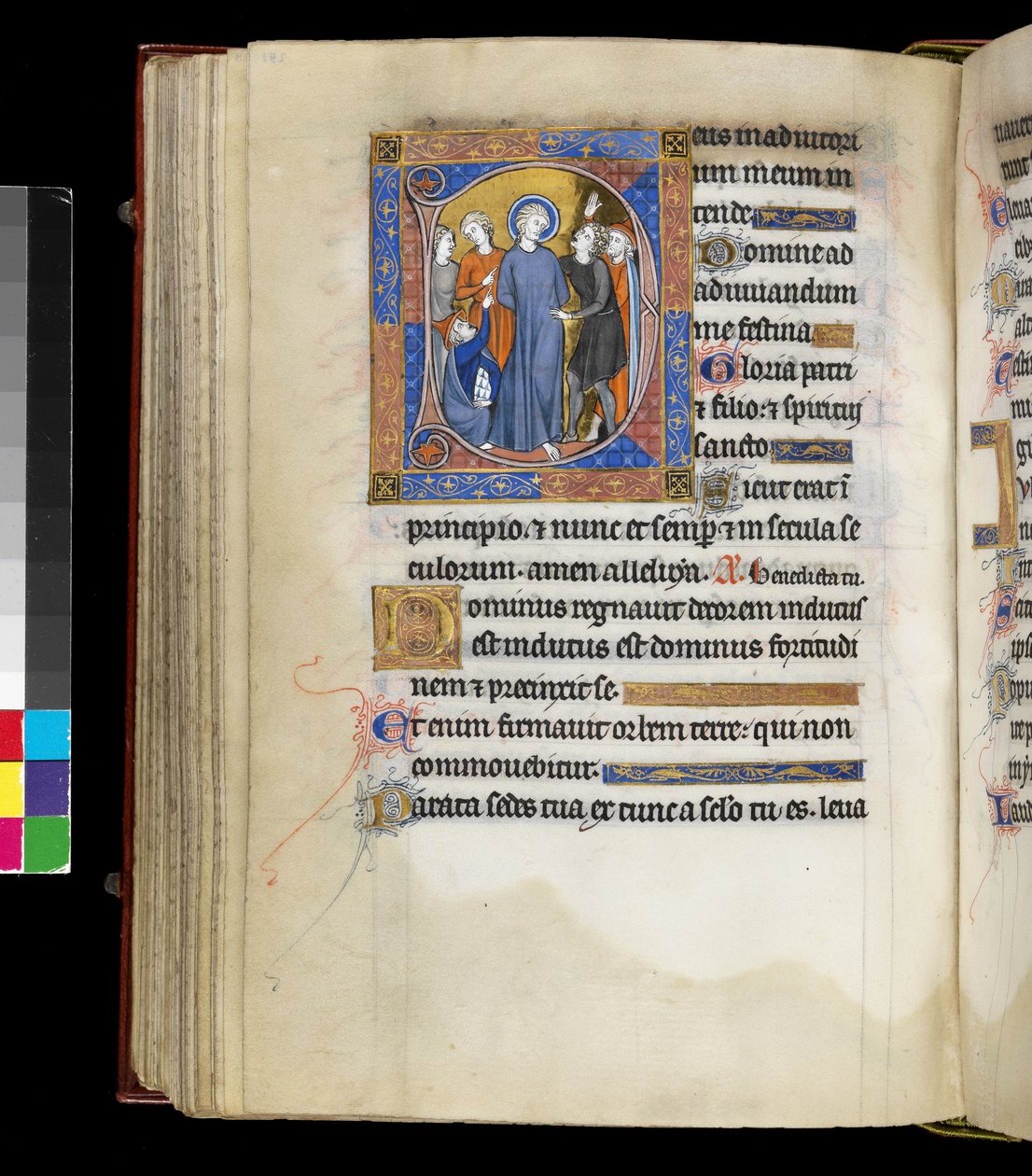 MS 300 f.191v, Kristuksen pilkkaaminen Jeesuksen kanssa, kiduttajien ympäröimänä, mukaan lukien kaksi juutalaisille pukeutunutta miestä, Psalter and Hours of Isabella of France, Pariisi, n. 1265-1270 (kynä & muste ja tempera pergamentilla) tekijältä French School