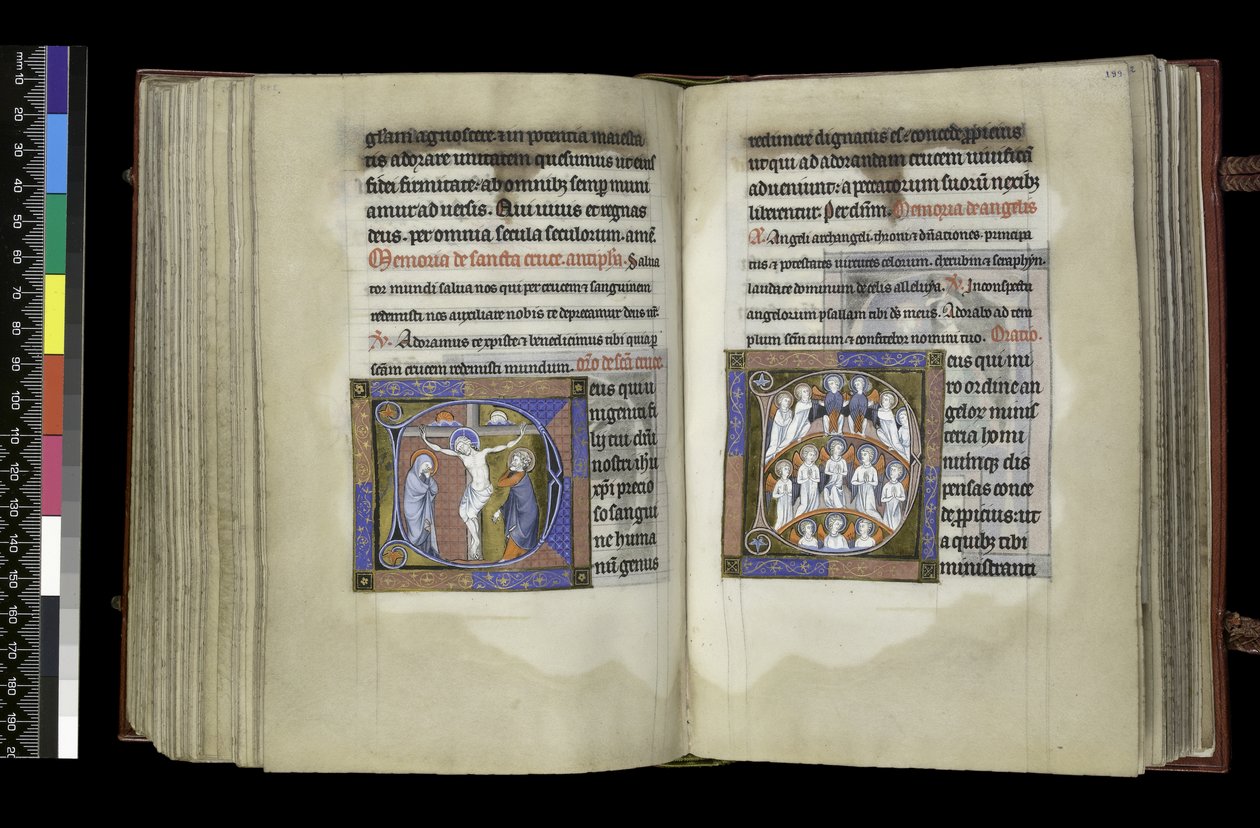MS 300 f.198v-199r, Äänioikeus ristille ja äänioikeus enkeleille, Psalter and Hours of Isabella of France, Paris, n. 1265-1270 (kynä ja muste ja tempera pergamentilla) tekijältä French School