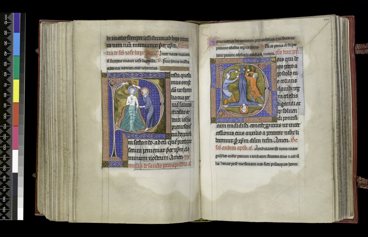 MS 300 f.199v-200r, Äänioikeus Pyhälle Johannes Kastajalle ja äänioikeus Pyhälle Pietarille, Psalter and Hours of Isabella of France, Paris, n. 1265-1270 (kynä & muste ja tempera pergamentilla) tekijältä French School
