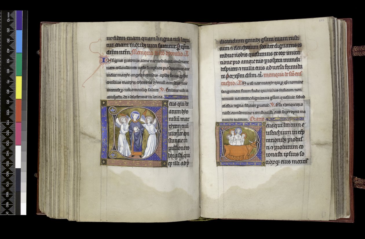MS 300 f202v-203r, Suffrage to St Denis ja Suffrage to St Eustace, from the Psalter and Hours of Isabella of France, Paris, c.1265-70 tekijältä French School