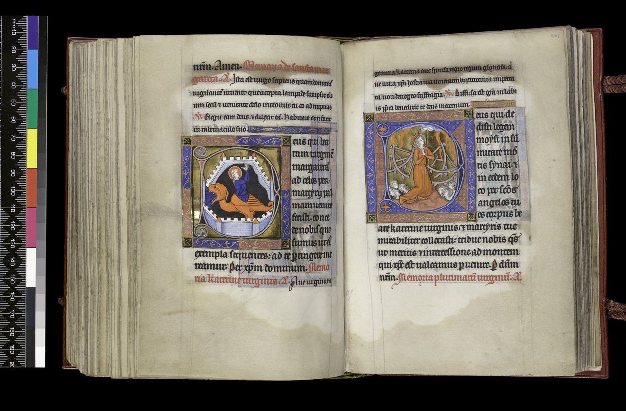 MS 300 f.206v-207r, Suffrage to St Margaret and Suffrage to St. Catherine, Psalter and Hours of Isabella of France, Paris, n. 1265-70 (kynä & muste ja tempera pergamentilla) tekijältä French School