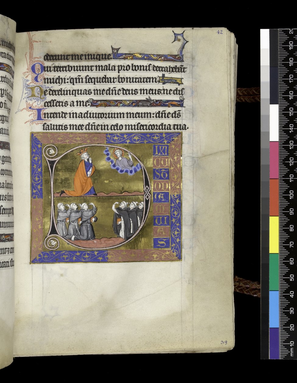 MS 300 f.42r, David rukoilee Jumalaa pilvessä, Psalter and Hours of Isabella of France, Paris, n. 1265-1270 (kynä & muste ja tempera pergamentilla) tekijältä French School