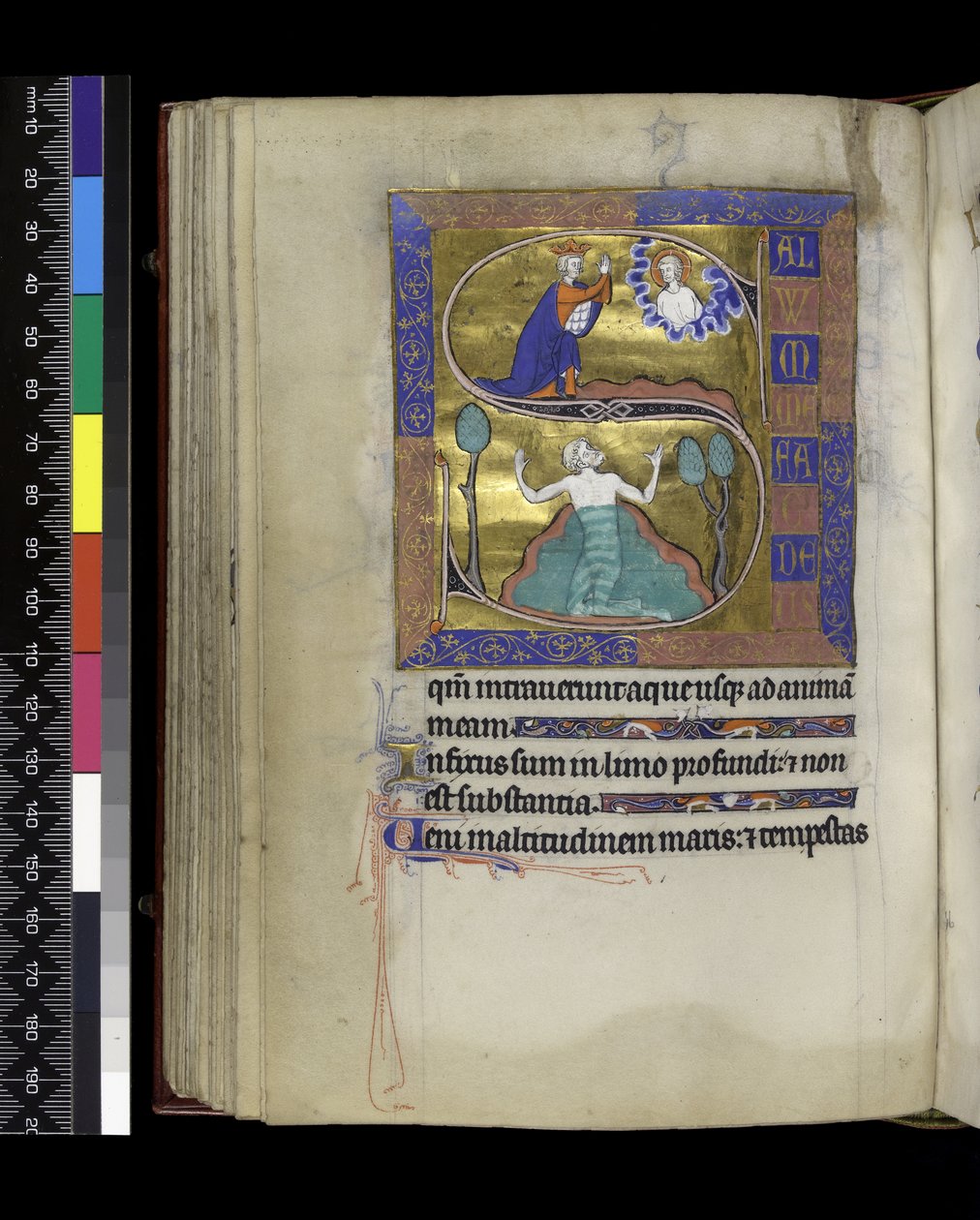 MS 300 f.70v, David rukoilee Jumalaa (ylhäällä), David uppoaa veteen (alla), Psalter and Hours of Isabella of France, Pariisi, n. 1265-1270 (kynä & muste ja tempera pergamentilla) tekijältä French School
