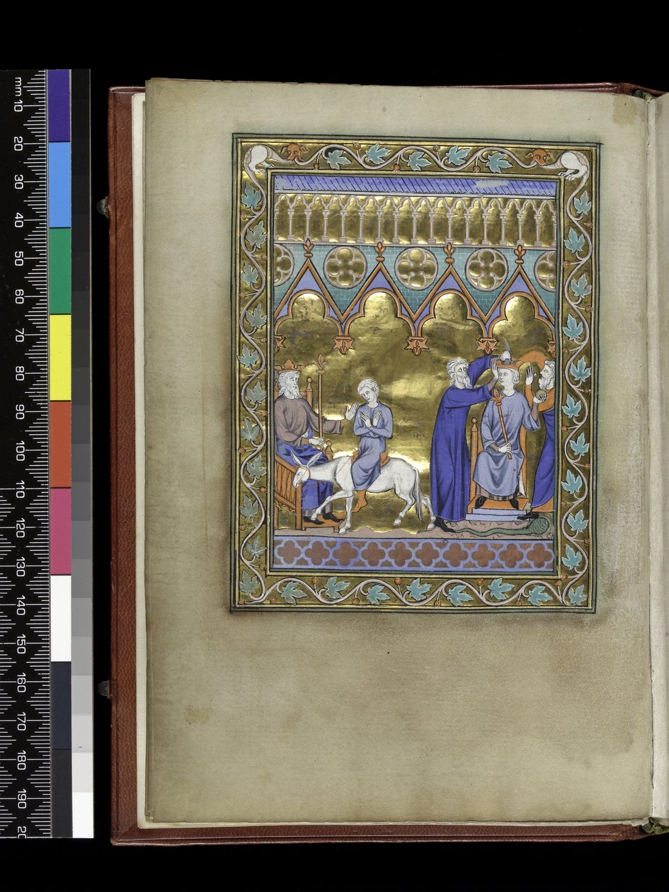 MS 300 f.Vv, Daavid, valtaistuimella, lähettää Salomonin Sadokin ja Natanin luo, jotka kruunaavat ja voitelevat hänet, Ranskan Isabellan Psalterista ja Hoursista, Pariisista, n. 1265-1270 tekijältä French School
