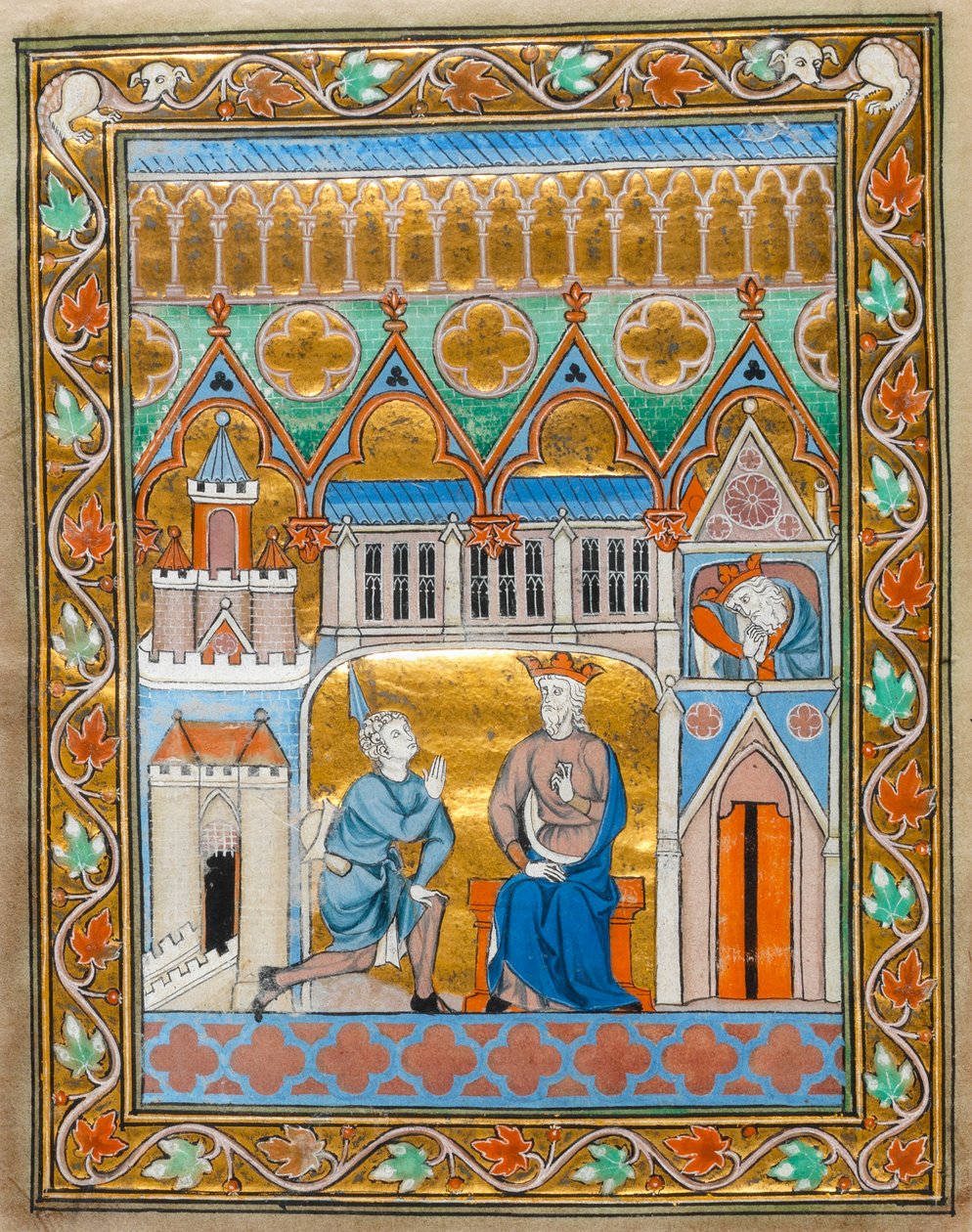 MS 300 fol.VIIi Kuningas Daavid vastaanottaa uutisen Absalomin kuolemasta Ranskan Isabellin psalteritunneilta, n. 1255 tekijältä French School