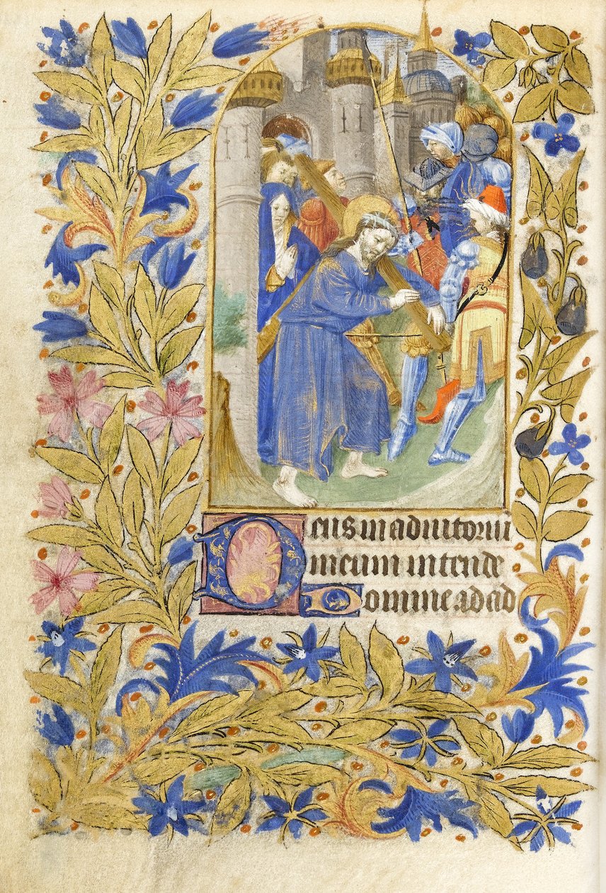 MS 39-1950 f.146v Kristus kantaa ristiä, 1464 (kulta, hopea ja värillinen muste pergamentilla) tekijältä French School