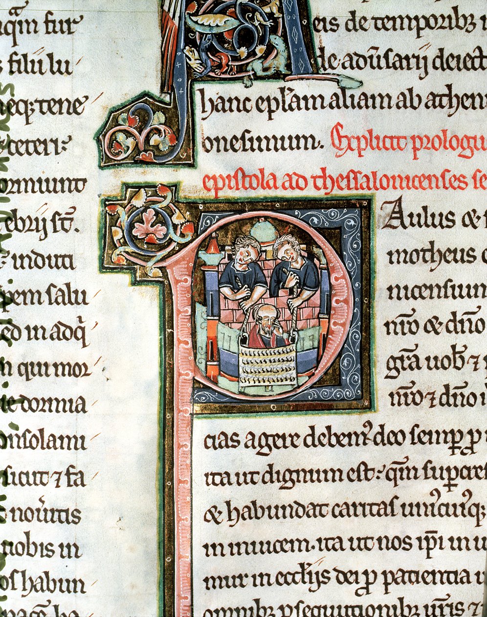 MS 3 Fol. 291v Pyhän Paavalin pako Damaskoksesta, valaistu alkukirjain P, 1200-luku, Avranchesin Raamatusta tekijältä French School