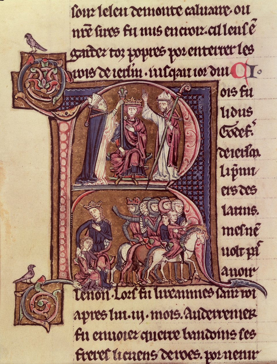 MS Fr 9081 f.99v Historioitu alkukirjain R, jossa Flanderin kuningas Baldwin I (1171-1205) kruunattiin latinalaiseksi keisariksi vuonna 1204 ja hänen anteliaisuudestaan lapsensa lähettävää turkkilaista naista kohtaan tekijältä French School