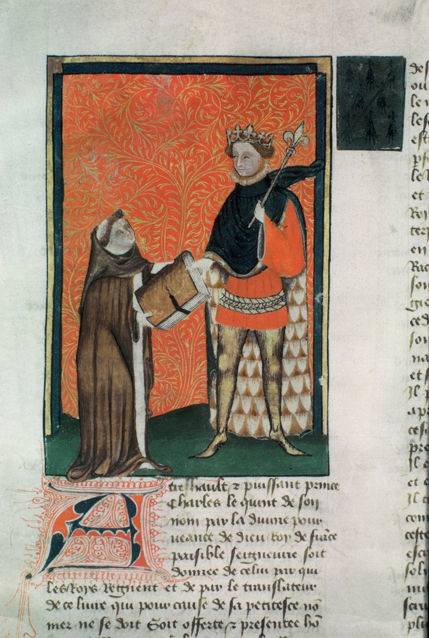 MS Hunter 8 f.9r Kääntäjä Courbichon esittelee kirjan Charles V:lle tekijältä French School