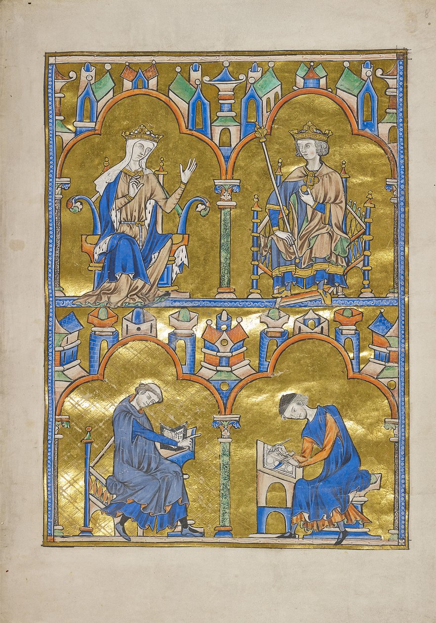 MS M.240 f.8r, Kastilian Blanche ja Ranskan kuningas Ludvig IX ja sitä vanhemmat: kirjailija sanelemassa kirjanoppijalle, Saint Louisin raamattu (moralisoitu raamattu), luultavasti Pariisi tekijältä French School