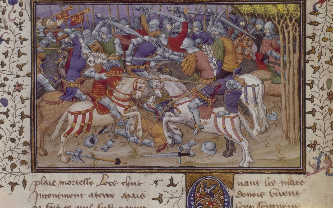 MS Royal 20 B.XX fol.16v Philipin tappio Pausaniaksen toimesta ratsaisten ritarien kanssa, Pseudo-Callisthenesin "La Vraye Histoire du Bon Roy Alixandre", 1400-luvun alku (vellum) tekijältä French School