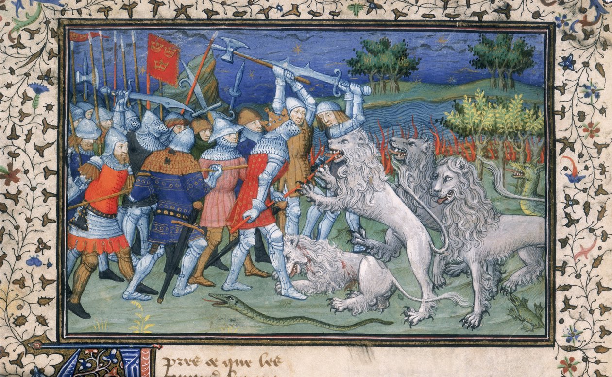 MS Royal 20 B.XX fol.50v Aleksanteri Suuri (356-323 eKr.) taistelee valkoisten leijonien kanssa, Pseudo-Callisthenesin teoksesta "La Vraye Histoire du Bon Roy Alixandre", 1400-luvun alku (vellum) tekijältä French School