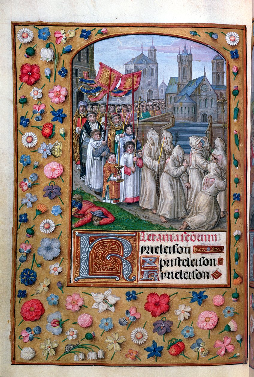 MS Voi. 137 f.136v Paavi Gregorius I:n (n. 540-604) kulkue Rooman läpi vuonna 590, ranskan tuntien kirjan litaniasta, 1500-luvun alku tekijältä French School