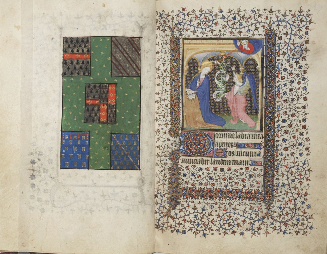 MS Widener 4, ff.26v-27r, Coat of Arms and the Annunciation, kirjasta Tuntikirja, Rennesin käyttö, n. 1405 (kynä ja muste ja tempera vellum) tekijältä French School