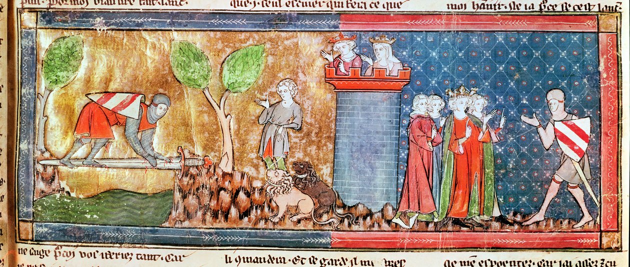 M. 806 f.166 Lancelot osoittaa rakkautensa Guineverea kohtaan ylittämällä joen, jonka terävä miekka silta, Roman de Lancelot du Lac, 1344 tekijältä French School