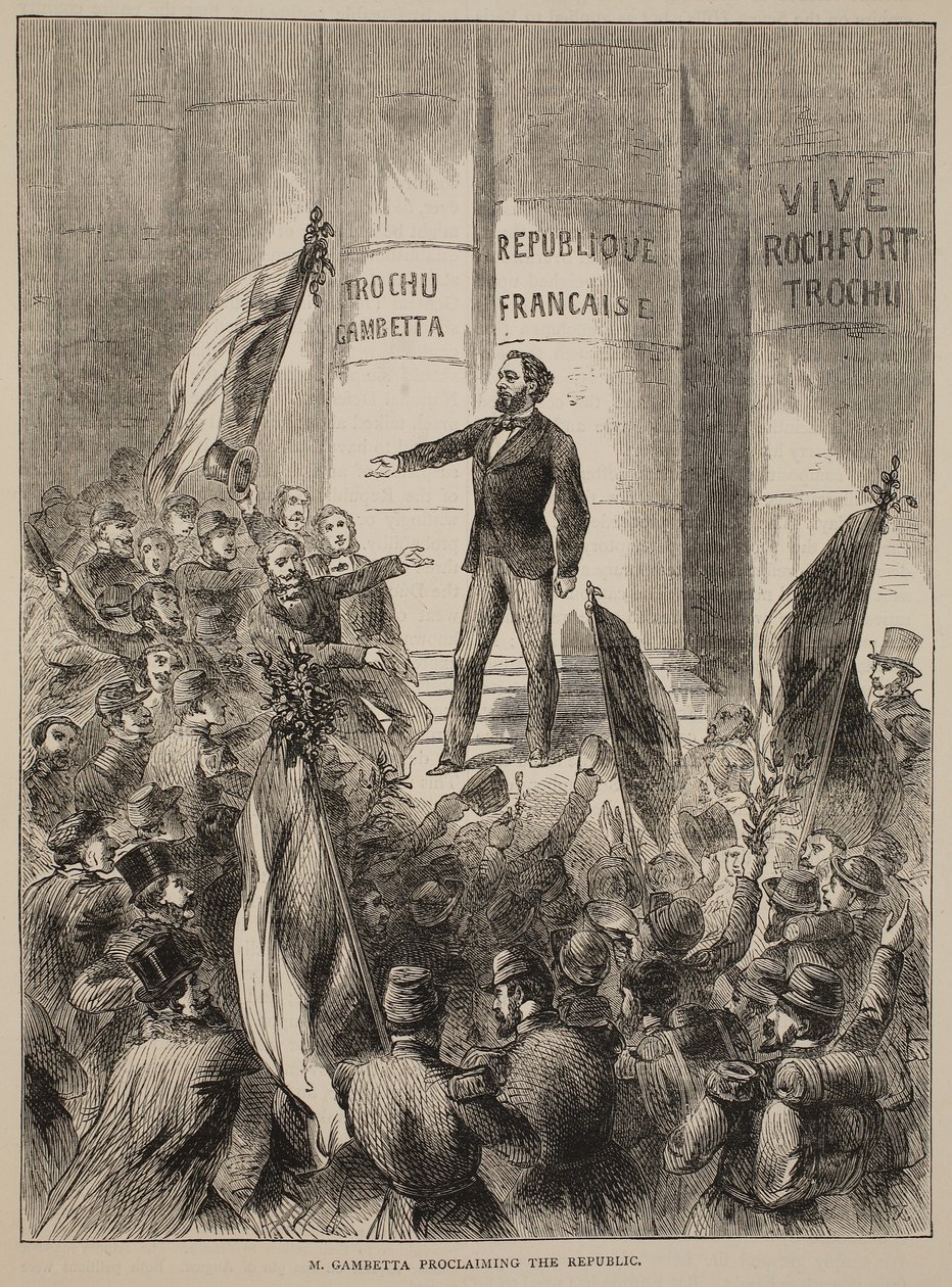 M. Gambetta julistamassa tasavaltaa, syyskuu 1870, kuva Cassellsista Ranskan ja Saksan välisen sodan historia, 1870-1871 tekijältä French School