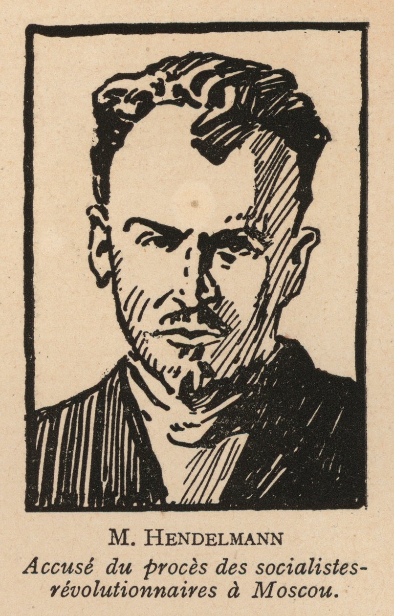 M. I. Gendelman, venäläinen sosialistivallankumouksellinen poliitikko, joka oli yksi syytetyistä sosialistivallankumouksellisten oikeudenkäynnissä Moskovassa vuonna 1922, Neuvostoliiton ensimmäisessä näytösoikeudenkäynnissä (litografia). tekijältä French School