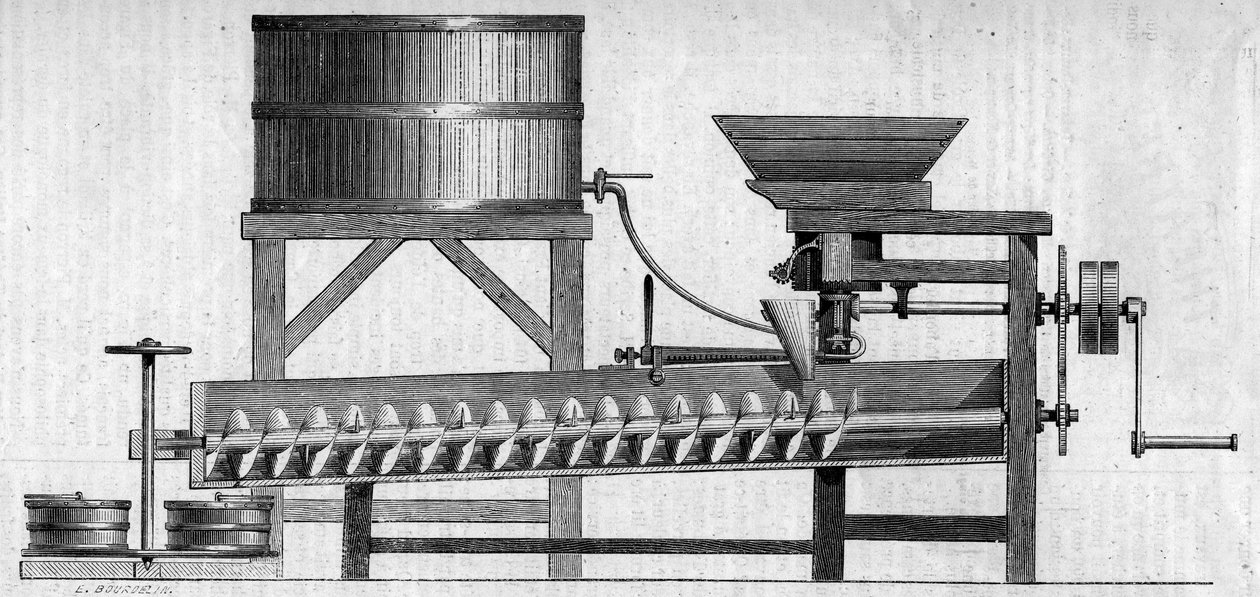 Kone betonilaastin valmistukseen. Kaiverrus "" Le Monde Illustré" -julkaisussa nro 55, 1. toukokuuta 1858. tekijältä French School