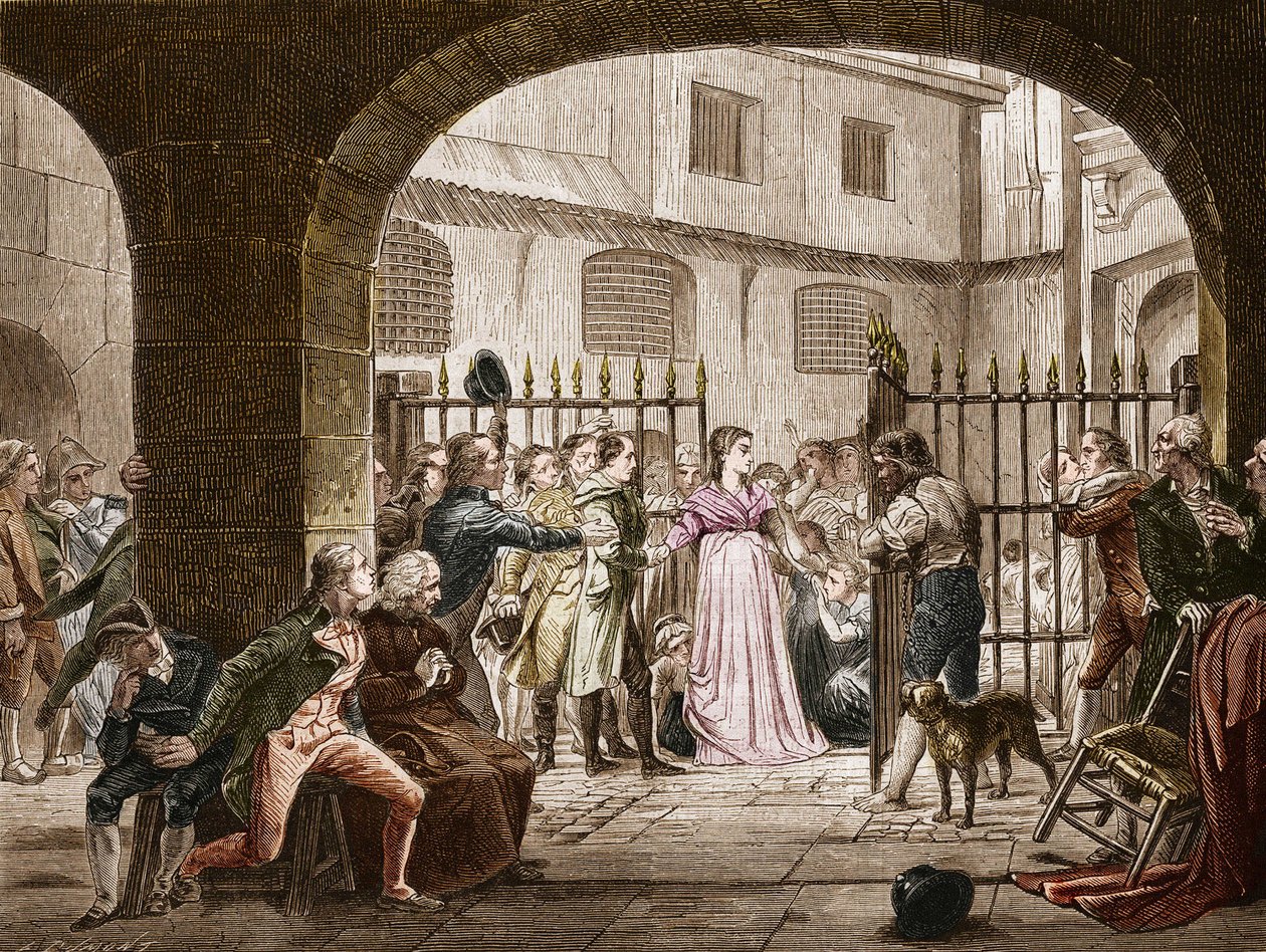 Madame Jeanne Marie Roland de la Platiere (1754-1793), ranskalainen poliitikko, joka meni vallankumoukselliseen oikeuteen vuonna 1793. Kaiverrus Daubanin maalauksen jälkeen. tekijältä French School