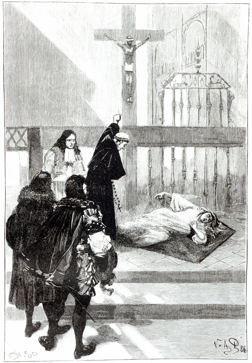 Madame de Sazilles manataan herttua Gaston dOrleansin läsnäollessa, Louis Figuierin kuva Loudunin riivaamasta Les Mysteres de la Sciencessa, 1886. tekijältä French School