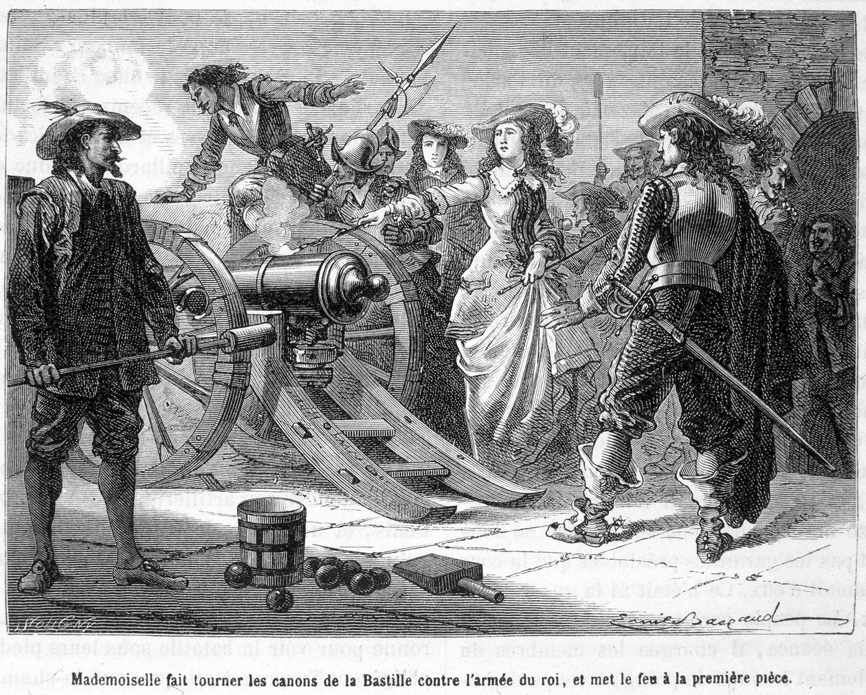Mademoiselle (Grande Mademoiselle = Duchesse de Montpensier) käänsi Bastillen aseet kuninkaan armeijaa vastaan ja sytytti ensimmäisen palan - Henri Martinin "Histoire de France populairessa". tekijältä French School