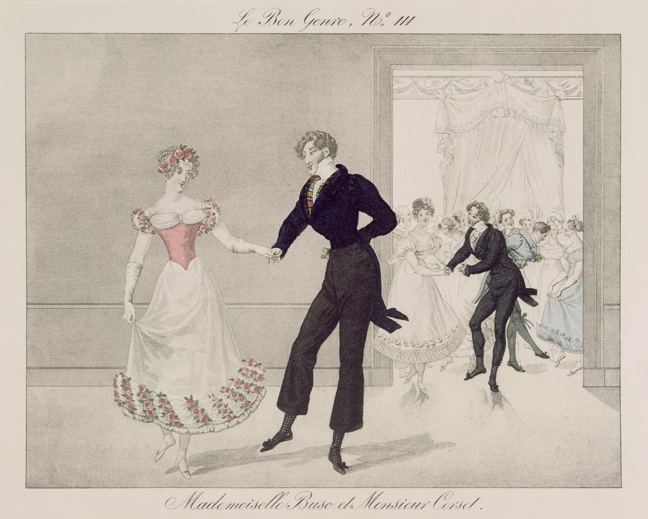 Mademoiselle Busc ja Monsieur Korsetti, levy 111, le Bon Genre, n.1810 (värikaiverrus) tekijältä French School