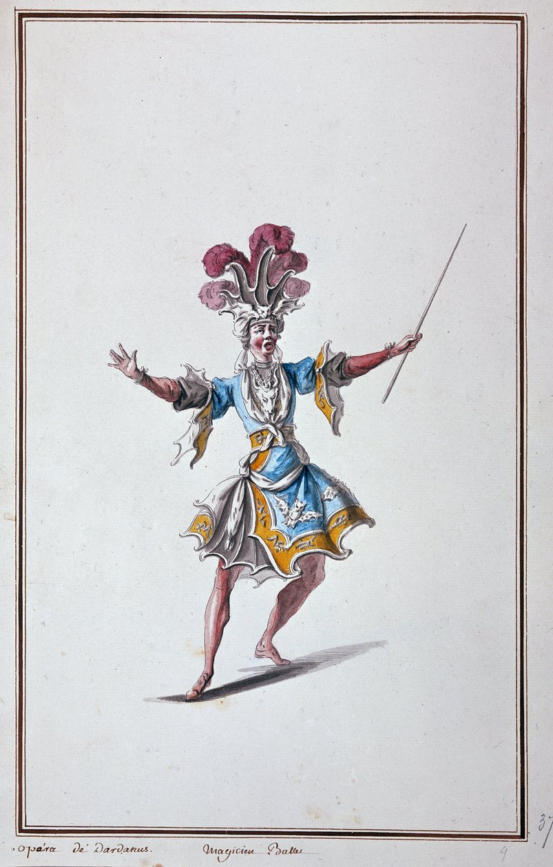 Taikurin puku Dardanuksen oopperaan, Jean-Philippen (Jean Philippe) Rameaun lyyrinen tragedia - "Menus Plaisirs du Roi, Ballets et Costumes" tekijältä French School