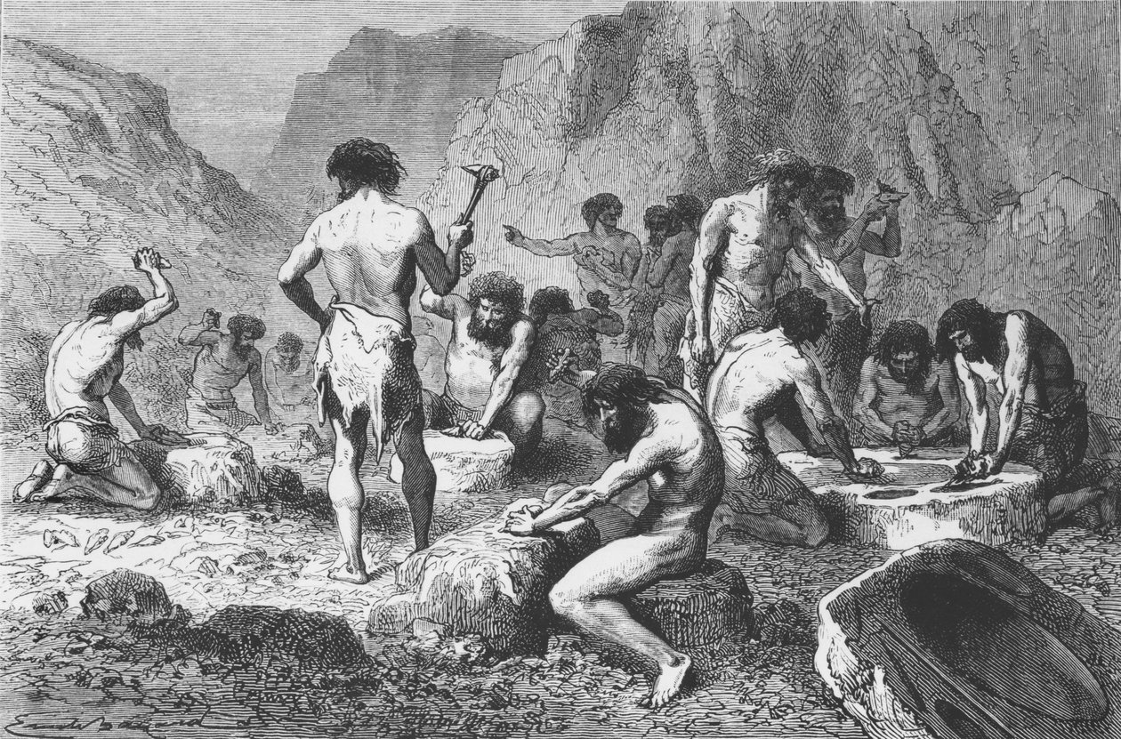 Silexin valmistus ja kiillotus Pressignyssä, kuvitus LHomme Primitifistä, Louis Figuier, julkaisija Hachette, 1870 tekijältä French School
