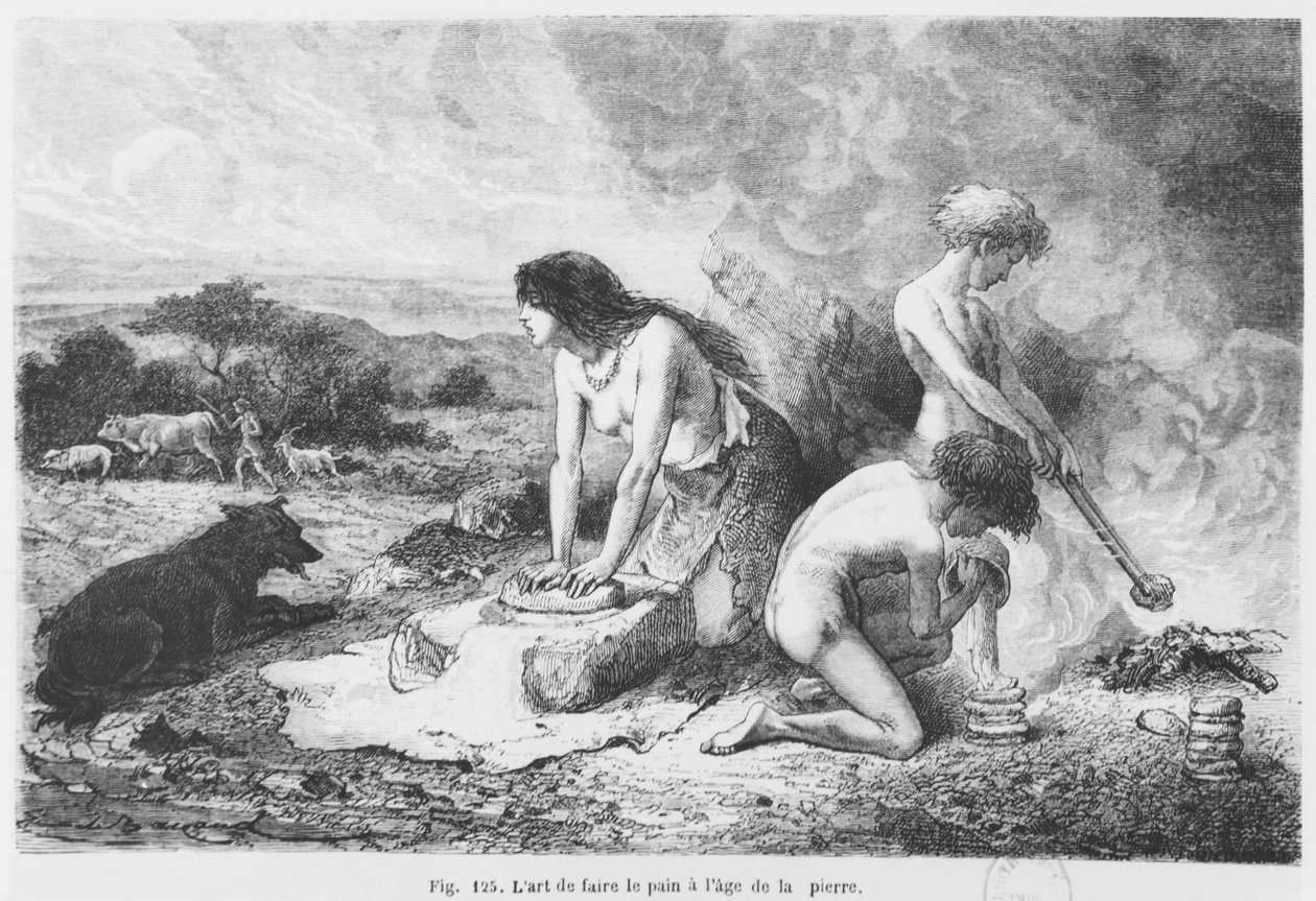 Leivän tekoa kivikaudella, kuvitus LHomme Primitifistä, Louis Figuier, julkaisija Hachette, 1870 tekijältä French School