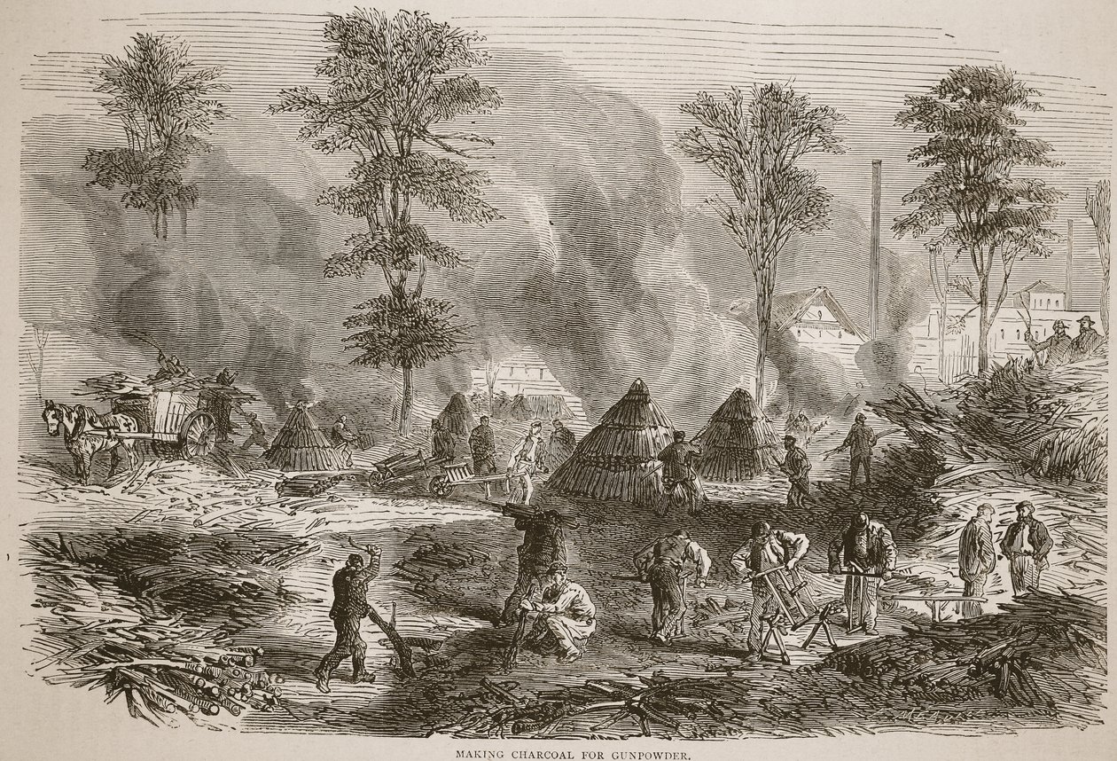 Hiilen valmistus ruutia varten, kuva Cassellsista Ranskan ja Saksan välisen sodan historia, 1870-1871 tekijältä French School