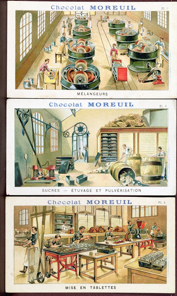 Suklaan valmistus, suklaan kuvamainonta Moreuil, n. 1900 (katso myös 289139) tekijältä French School