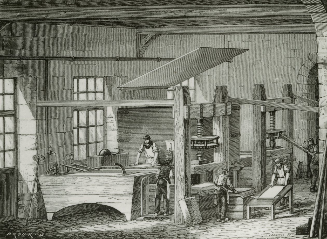 Paperin valmistus käsin seulomalla massa muotoihin. Kaiverrus c1870. tekijältä French School