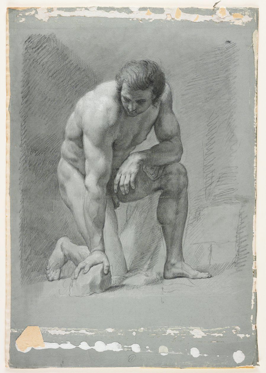 Miesakatemia, polvillaan, nojaten eteenpäin kalliolle, 1700-luvun loppu (musta liitu valkoisella korosteella) tekijältä French School