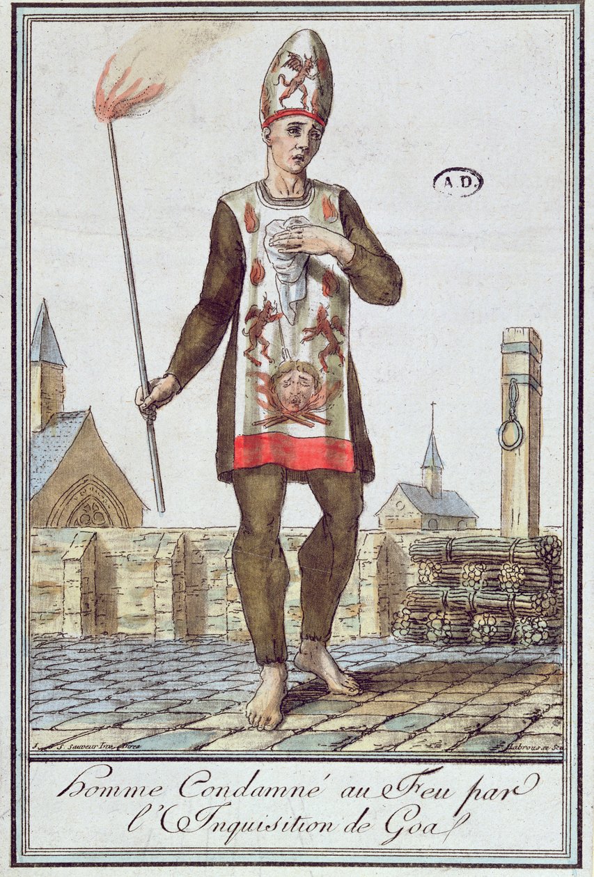 Mies, jonka Goan inkvisitio tuomitsi poltettavaksi roviolla, 1700-luvun lopulla (värikaiverrus) tekijältä French School
