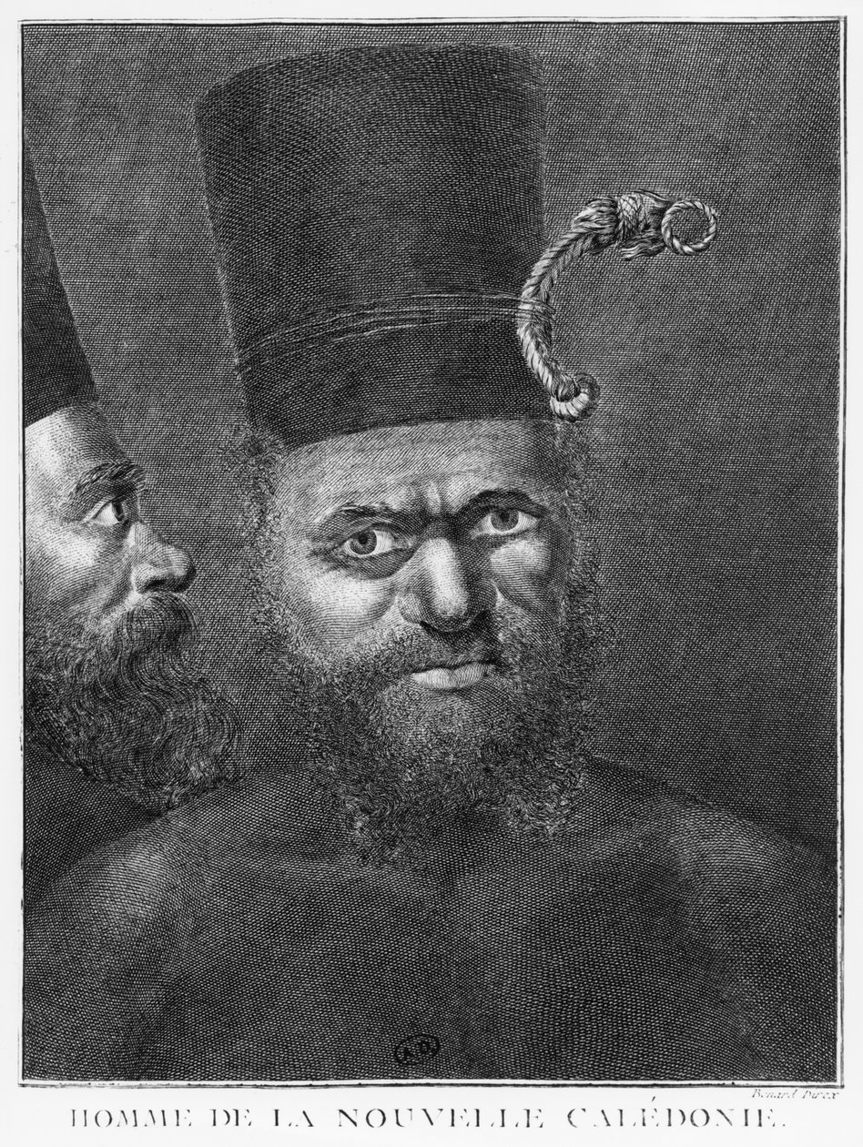 Mies Uudesta Kaledoniasta, kuvitus kapteeni James Cookin toisesta matkasta, kaivertanut Benard (1700-luku) 1774 tekijältä French School