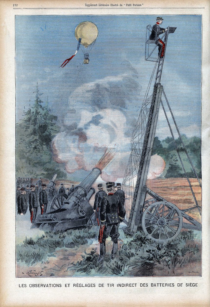 Ranskan armeen ohjaus ja havainto Langresissa Gugumus-tikkaiden kanssa aseiden laukaisun testaamiseksi "Le Petit Parisienissa", 26.8.1906 (kaiverrus) tekijältä French School