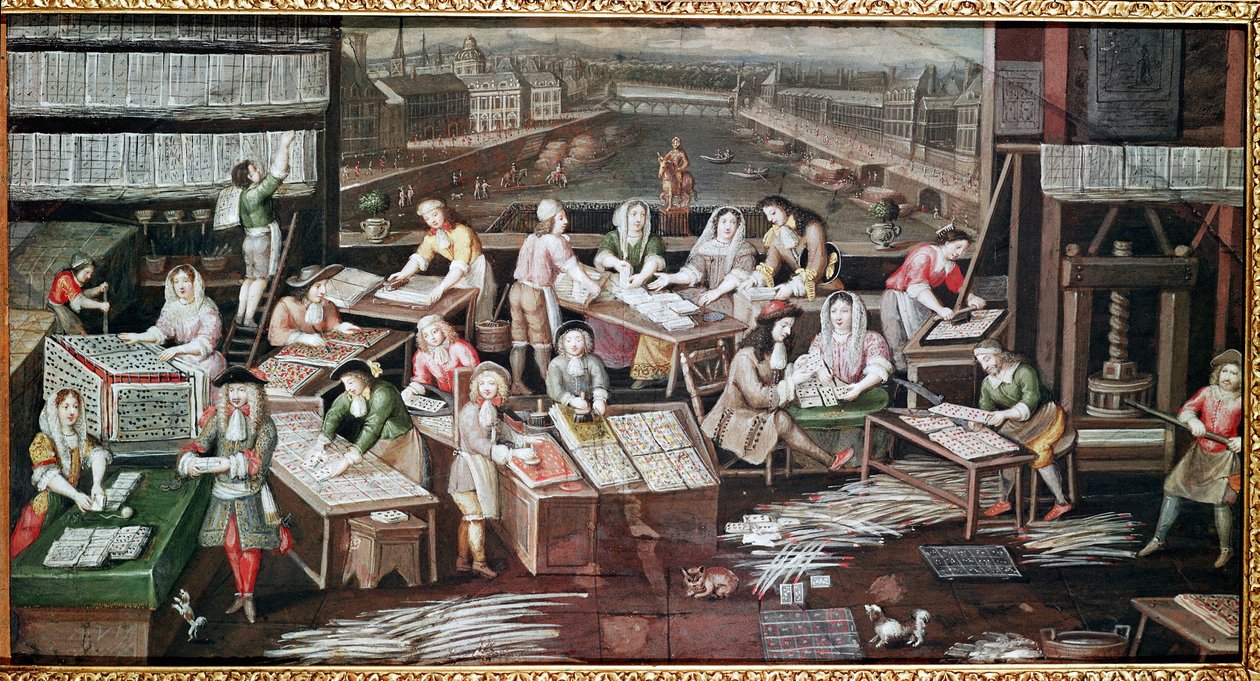 Pelikorttien valmistus talossa Place Dauphine -rakennuksessa (suunnittelu viuhkalle, guassi paperille, n. 1680) tekijältä French School