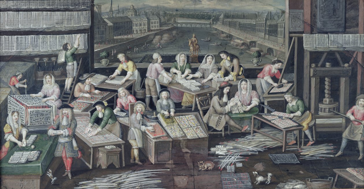 Pelikorttien valmistus talossa Place Dauphine -rakennuksessa, suunnittelu tuulettimelle, n. 1680 tekijältä French School