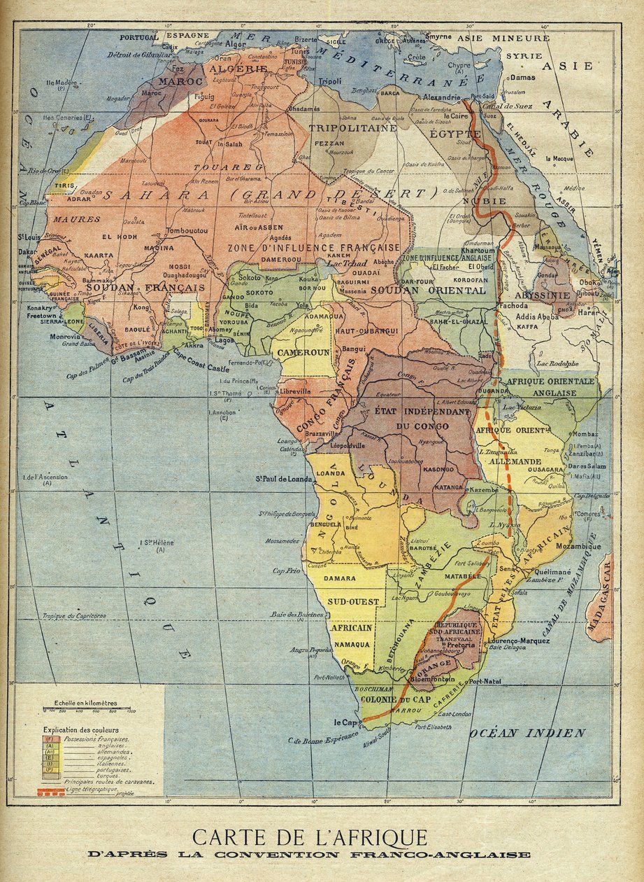 Afrikan kartta englantilais-ranskalaisen sopimuksen allekirjoittamisen jälkeen maaliskuussa 1899 (väri litho) Kuva Le Petit Journalille, 9. huhtikuuta 1899 (kaiverrus) tekijältä French School
