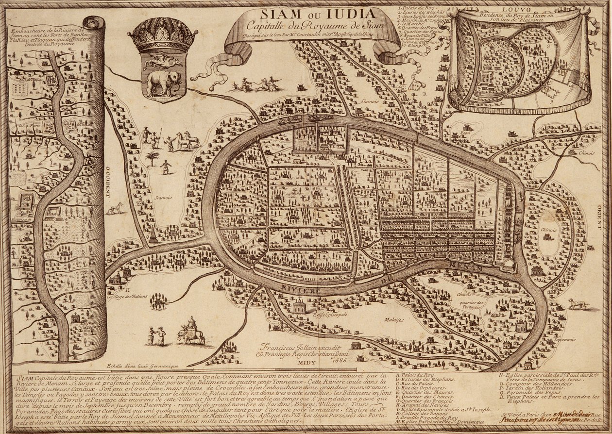 Ayutthayan kartta, 1686 (muste paperille) tekijältä French School