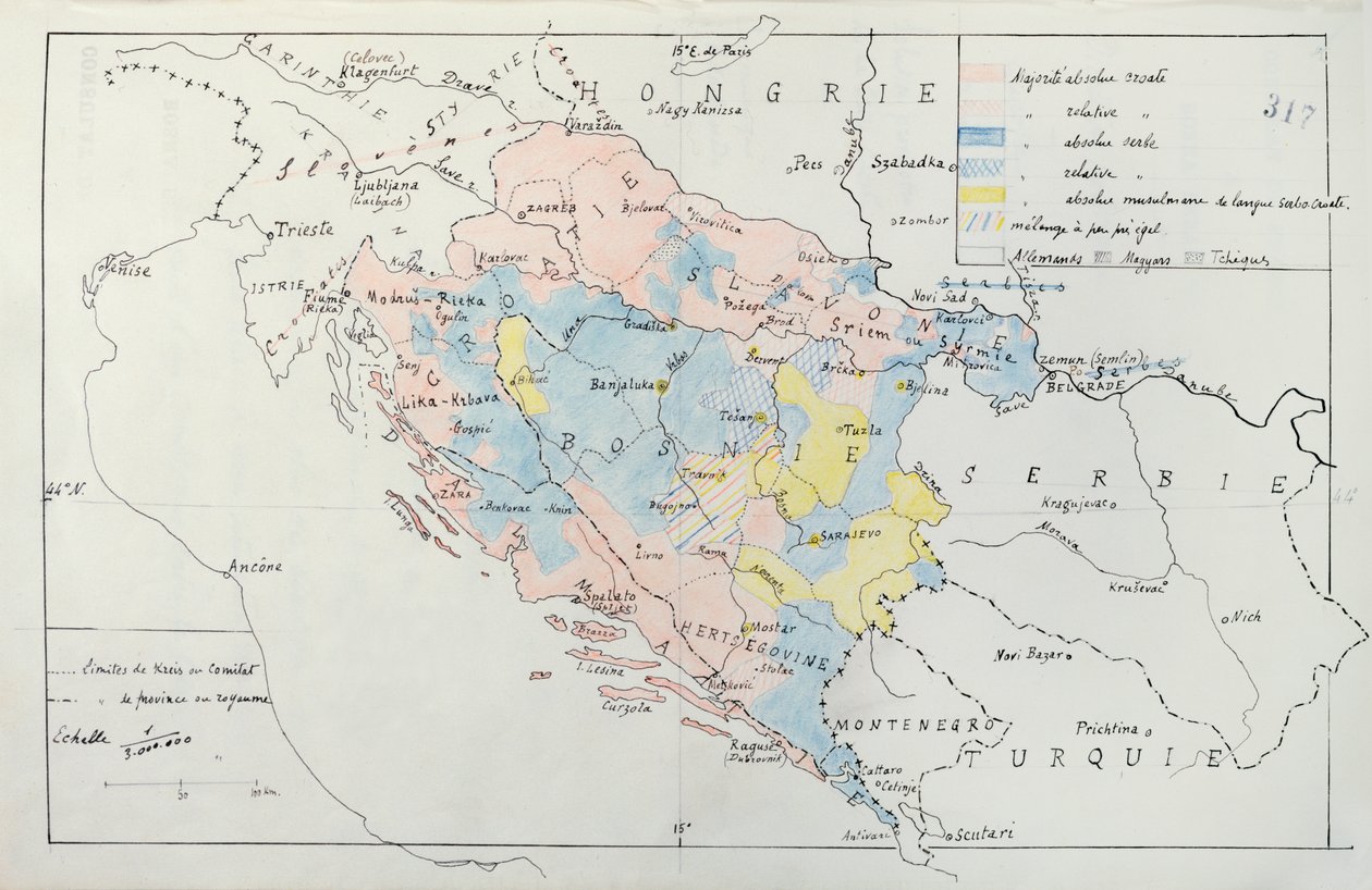 Bosnian kartta, jossa yksityiskohdat etnisten vähemmistöryhmien miehittämistä alueista, 1910 (kynä, muste & wc) tekijältä French School