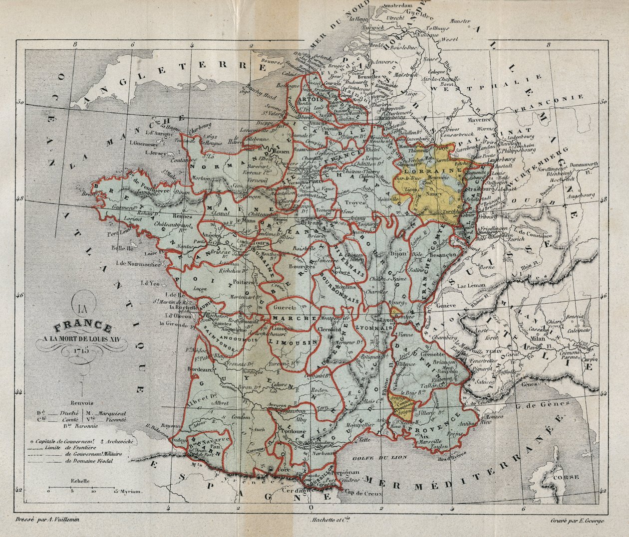 Ranskan kartta Louis XIV:n kuolemasta vuonna 1715 - Plan de La france a la mort de Louis XIV en 1715 - Victor Duruyn (1811-1894) kaiverrus "" Histoire de France" -kirjoitukseen - 1882 tekijältä French School