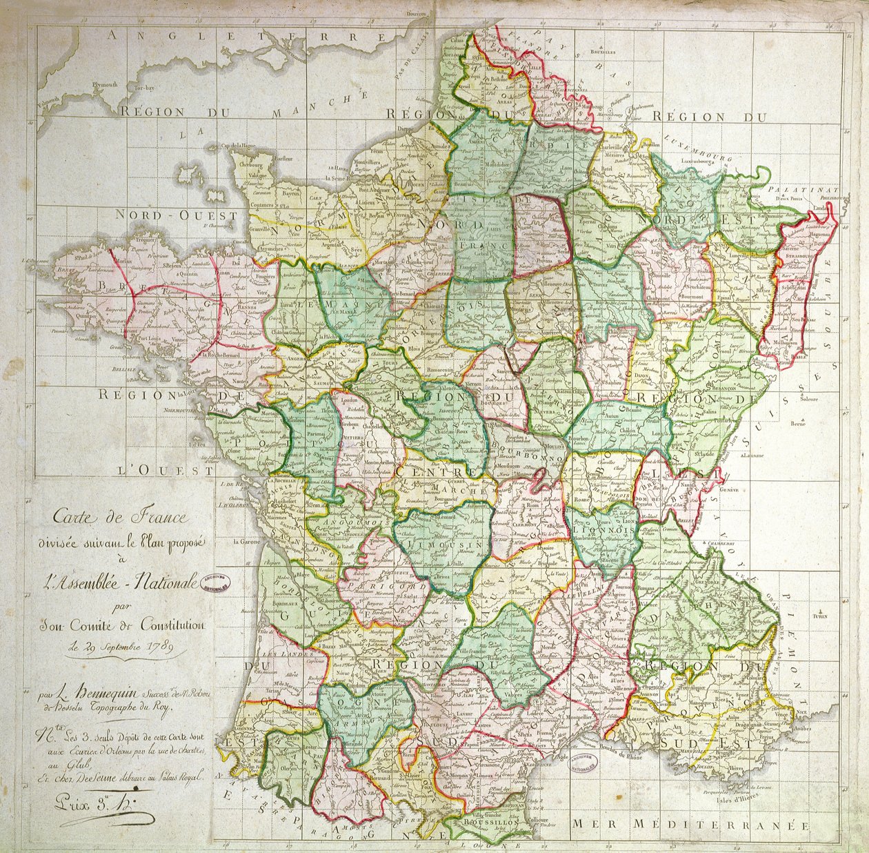 Ranskan kartta, jossa näkyy suunnitelmat departementtien jakamisesta, 1789 (värilitho ja muste) tekijältä French School