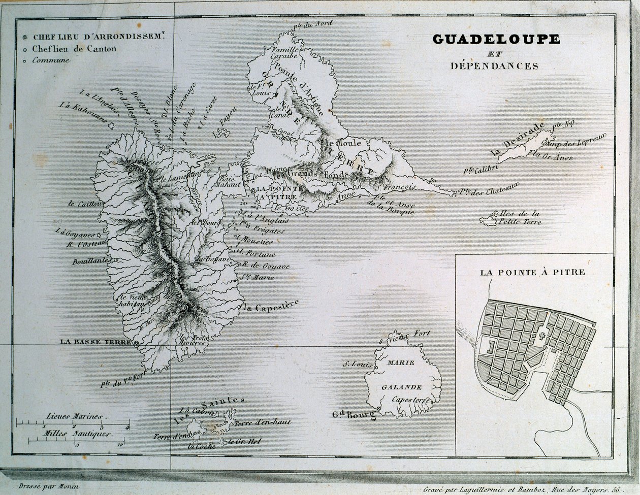Kartta Guadeloupesta ja sen riippuvuuksista. Kaiverrus 1800-luvulta. Chartres, Kuvataidemuseo tekijältä French School