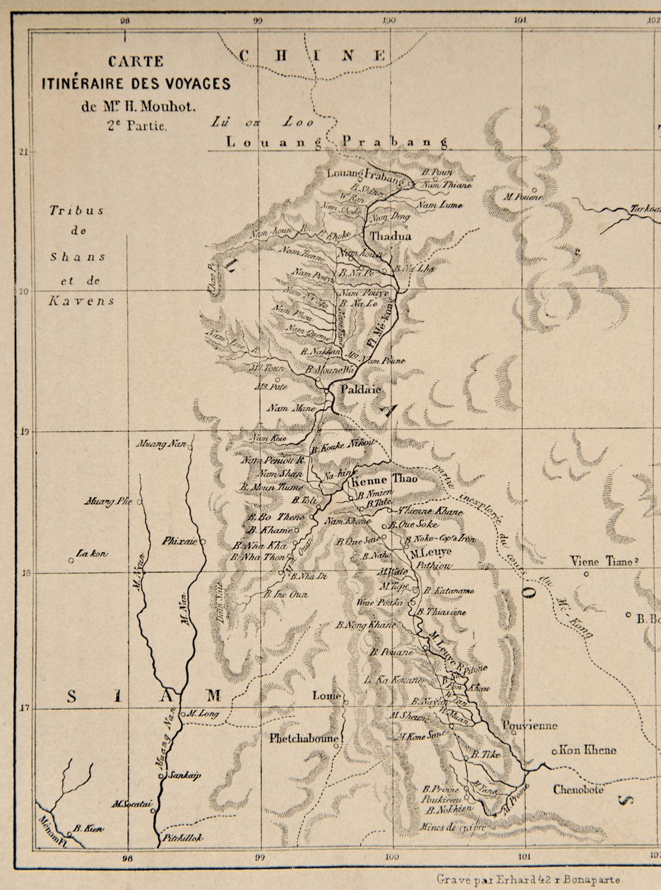 Laosin ja Mekong-joen kartta, joka näyttää Henri Mouhotin matkan reitin, kuva julkaisusta Matkat Indo-Kiinan (Siamin), Kambodžan ja Laosin keskiosissa vuosina 1858, 1859, a tekijältä French School
