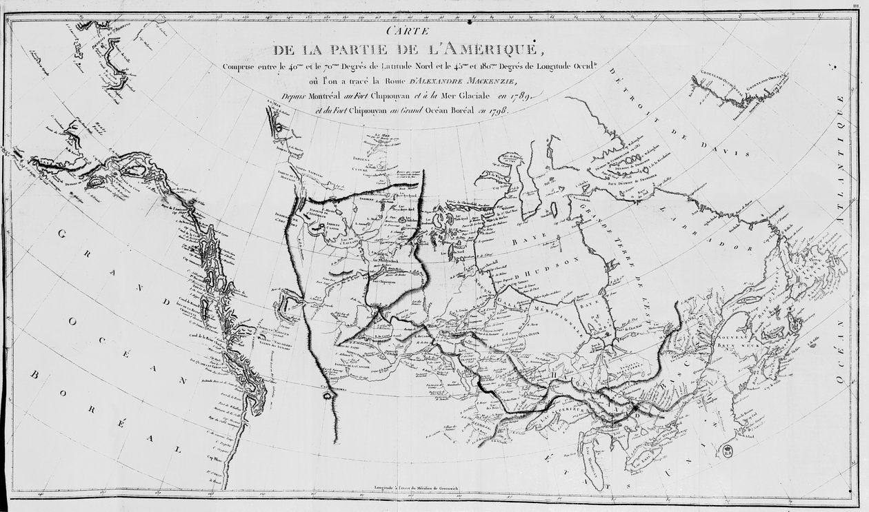 Pohjois-Amerikan kartta, joka suunnittelee Sir Alexander Mackenzien tutkimusmatkoja vuosina 1789 ja 1798 Jäämerelle tekijältä French School
