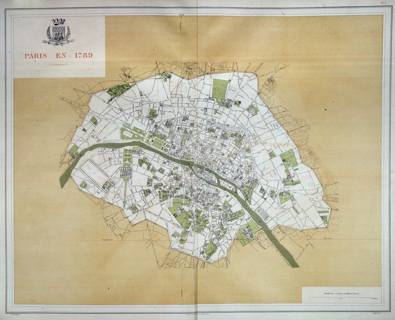 Pariisin kartta vuodelta 1789, otettu teoksesta "Les Travaux de Paris 1789-1889, Atlas", Imprimerie Nouvelle. tekijältä French School
