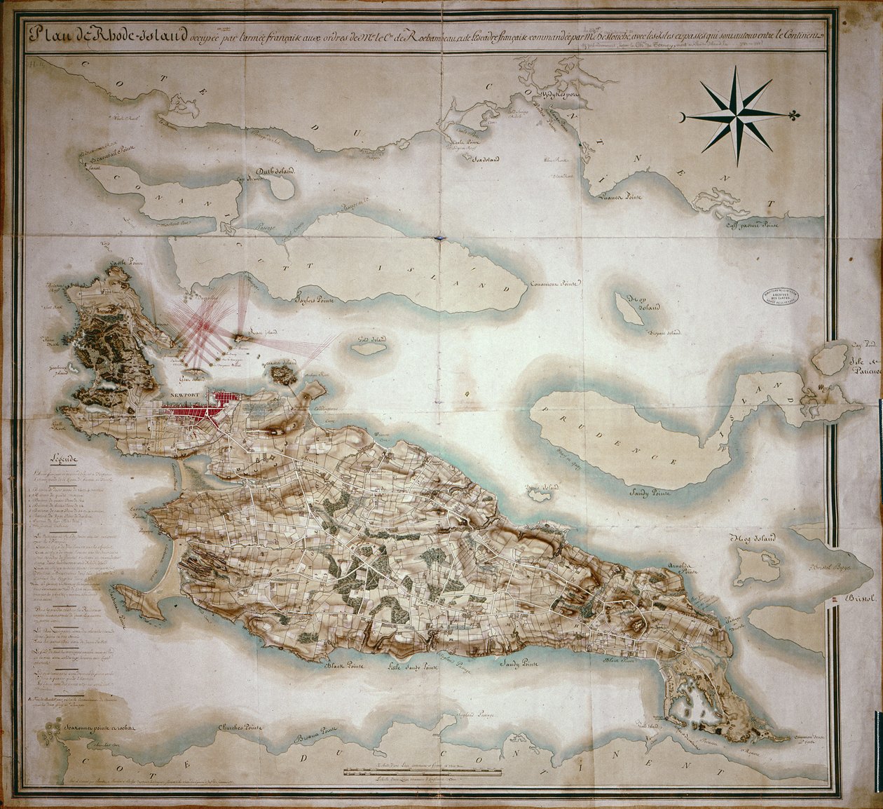 Rhode Islandin kartta Ranskan armeijan miehityksen aikana 1780-81 Rochambeaun kreivin Jean-Baptiste de Vimeurin (1725-1807) käskystä tekijältä French School