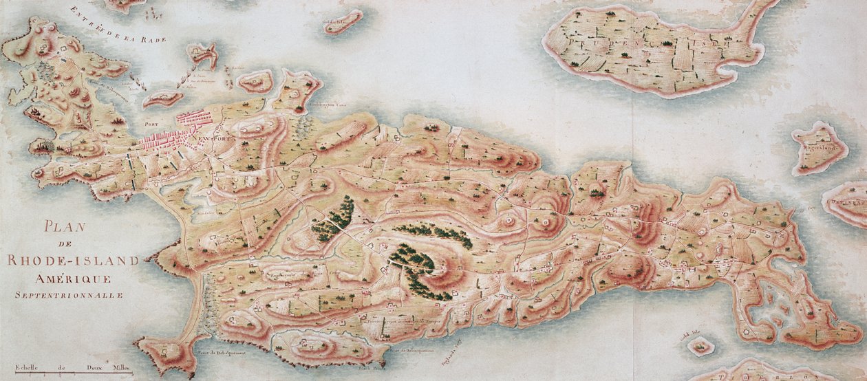 Rhode Islandin kartta Ranskan armeijan miehityksen aikana 1780-81 Rochambeaun kreivin Jean-Baptiste de Vimeurin (1725-1807) käskystä tekijältä French School